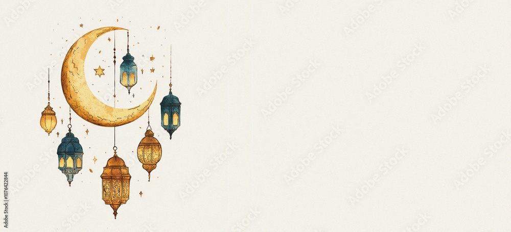 Ramadan Kareem greeting card with crescent moon and Arabic lantern ...