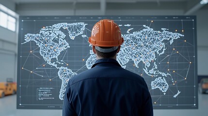Fototapete - A male engineer wearing a hard hat stands facing a digital world map displaying interconnected network points symbolizing his expertise in global infrastructure and logistics planning