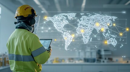 Leinwandbilder - Professional engineer in safety gear examining a futuristic world map with glowing connection points