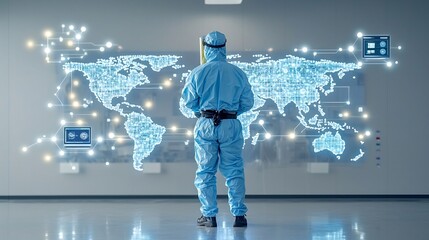 Fototapete - Professional Male Engineer Wearing Protective Gear Standing Before a Sophisticated High Tech World Map with Bright Connection Nodes