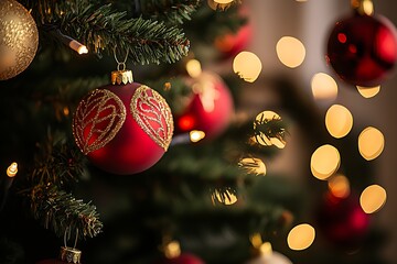 Aufkleber - Classic Christmas Tree With Red Baubles and Warm Twinkling Lights : Generative AI