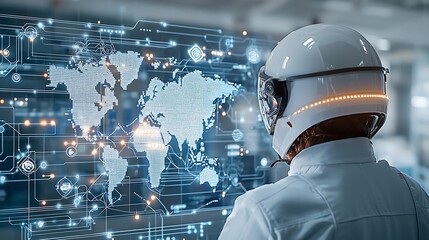 Fototapete - Industrial Engineer in Protective Helmet Examining Digital Map with Illuminated Network Points Highlighting the Concept of Global Engineering Connectivity and Technological
