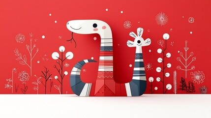 Aufkleber - Playful and modern geometric snake in a flat style using a vibrant red background with elegant floral designs to enhance the visual interest and create a dynamic stylized art piece