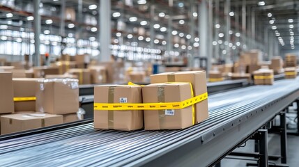 Poster - Close up view of an automated conveyor belt transporting packaged goods with yellow tape in an industrial warehouse setting