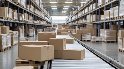 Poster - Neatly Packed Cardboard Boxes Transported on Conveyor Belt in a Blurred High Tech Warehouse Interior Showcasing Efficient Logistics and Distribution