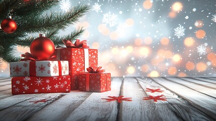 Poster - Festive Christmas Presents and Red Ornaments with Snowy Background on Rustic Wooden Table : Generative AI