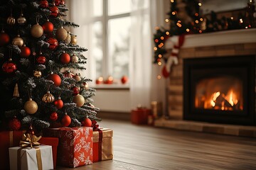 Aufkleber - Warm and Inviting Christmas Tree by Fireplace with Festive Decorations and Gifts : Generative AI