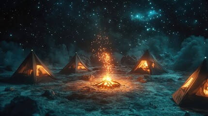 Wall Mural - A crackling campfire illuminates a group of tents under a breathtakingly starry sky. The warmth of the fire creates a cozy atmosphere against the cool night air.