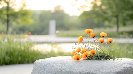 Fototapete - Soft warm light illuminating a delicate bouquet of vibrant orange poppies resting atop a stone in a serene