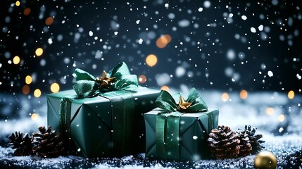 Aufkleber - Elegant Green Christmas Gift Boxes with Pine Cones and Falling Snow in Winter Wonderland : Generative AI