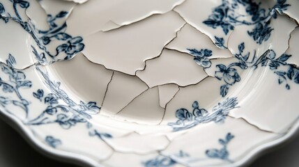 A close-up of a cracked porcelain plate with a delicate blue and white floral pattern. The intricate web of cracks adds a unique texture to the surface.