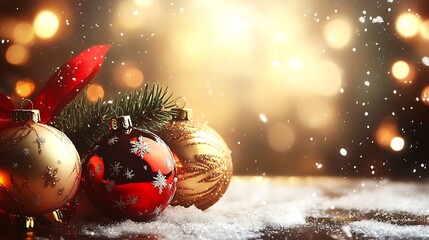Aufkleber - Elegant Gold and Red Christmas Ornaments with Pine Boughs and Snow Accents : Generative AI