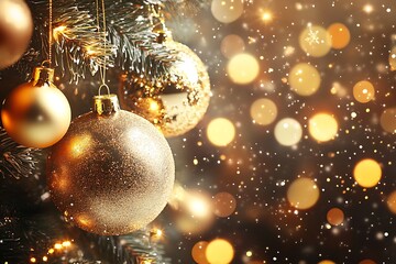 Aufkleber - Golden Christmas Ornaments on Pine Tree with Bokeh and Snowfall : Generative AI