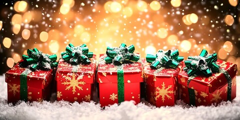 Poster - Row of Red and Green Festive Gift Boxes with Snowflakes and Bow Toppers : Generative AI