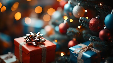 Poster - Cozy Holiday Scene with Red and Blue Gifts by a Christmas Tree : Generative AI