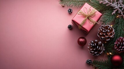 Wall Mural - Christmas gift, pine cones, and ornaments on pink background with copy space