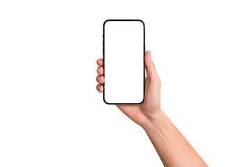 Hand showing smartphone with blank screen isolated on white background.