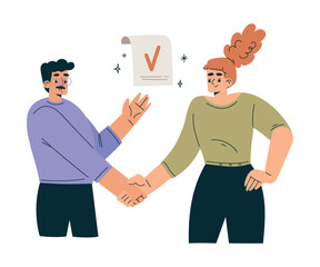 Aufkleber - Productive Team with Business Man and Woman Handshake Work Together Vector Illustration
