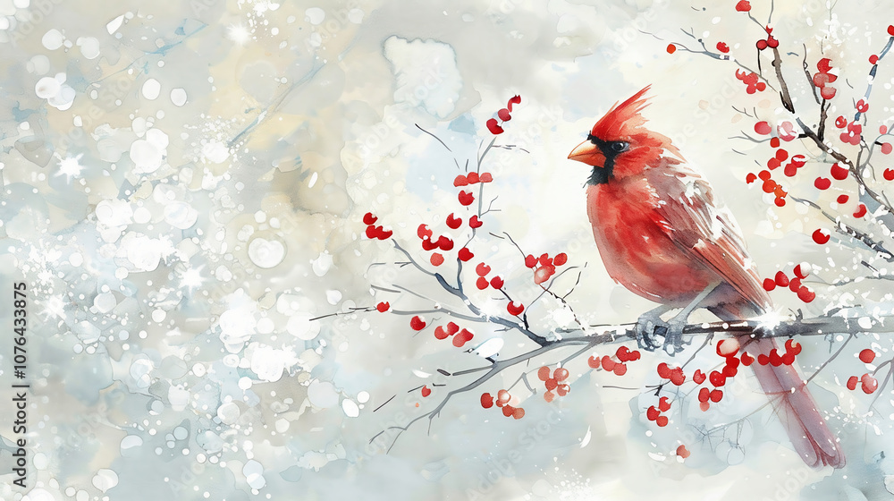 Red cardinal bird on a frosty tree branch with snow red berries in winter, Holiday and Christmas web banner