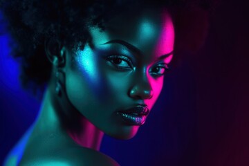 Wall Mural - Studio portrait of a fashion model with glowing iridescent makeup, posing under neon lights for a futuristic and glamorous look