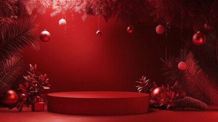 Aufkleber - Red christmas podium displaying hanging ornaments and festive decorations