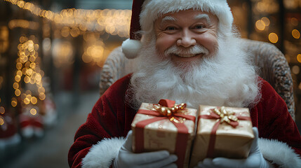 Wall Mural - Cinematic photograph of Santa Claus sitting in a cozy chair, holding a large sack filled with gifts, radiating warmth and holiday cheer, capturing the essence of Christmas spirit, with a festive atmos