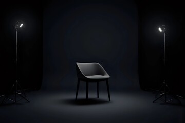 A dimly lit photo studio setup with a dark, moody backdrop. A sleek, modern chair