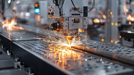 Poster - Automated machinery performing metalworking with sparks and glowing effects highlighting the power and efficiency of modern manufacturing processes