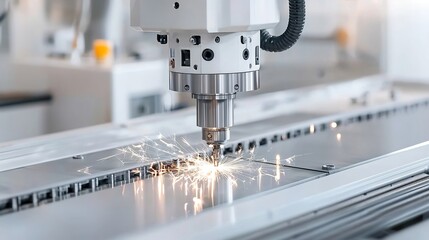 Poster - Close up view of a bright illuminated industrial milling machine showcasing the precision and expertise of the engineering and manufacturing process in a factory setting