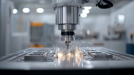 Poster - Close up view of an industrial metal milling machine with bright sparks and illumination representing precision engineering and manufacturing processes in a factory setting