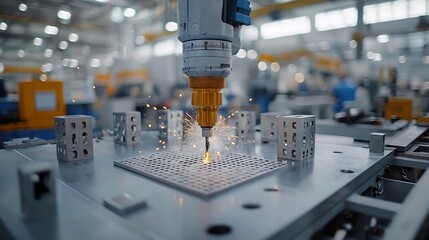 Poster - Powerful industrial drill carving through metal with sparks igniting in a sophisticated high tech factory environment showcasing advanced manufacturing machinery and processes in action