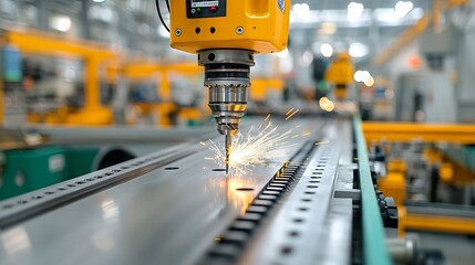 Poster - Industrial drill piercing through metal with bright sparks flying showcasing advanced high tech machinery in action within a sophisticated modern factory environment
