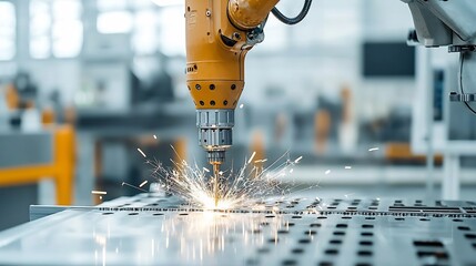 Poster - Robotic arm precisely drilling into metal surface with sparks flying showcasing the power and efficiency of advanced industrial automation and technological progress