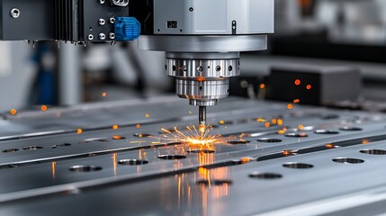 Poster - High Precision CNC Metal Machining with Captivating Orange Sparks Showcasing the Intense Energy and Dynamic Process of Industrial Manufacturing