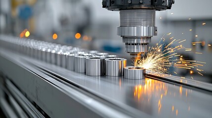 Poster - Close up view of a metal machine in a factory environment showcasing the power and precision of modern engineering through the glowing sparks emanating from its