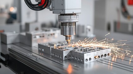 Poster - Robotic milling machine processing metal parts surrounded by bright sparks symbolizing efficient and high tech manufacturing processes in the industrial sector