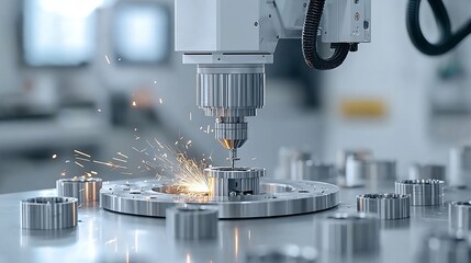 Poster - A robotic milling machine meticulously processing metal parts surrounded by a flurry of bright sparks symbolizing the efficiency and advanced technology of modern manufacturing processes