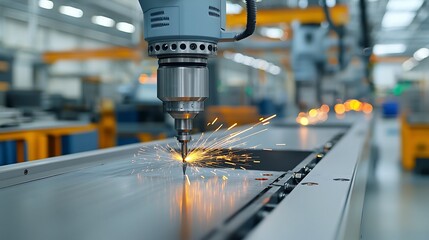 Poster - Automated drill machining metal with precision emitting vibrant sparks in a modern factory setting showcasing advanced engineering technology and machinery in industrial production