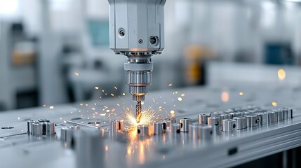 Poster - Glowing sparks bursting from industrial machinery drilling into metal showcasing the advanced technology and precision employed in modern manufacturing and production processes