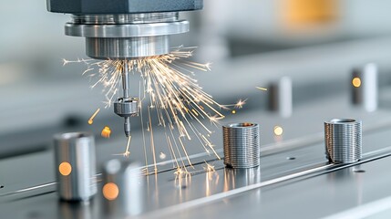 Poster - Powerful CNC milling machine meticulously creating metal components with a dynamic display of sparks representing the efficiency and accuracy of modern industrial manufacturing processes