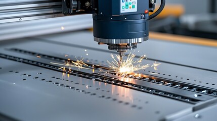 Poster - State of the art CNC milling machine meticulously crafting intricate metallic components with a cascade of bright sparks showcasing the speed and accuracy of the advanced manufacturing process
