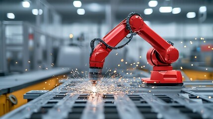 Poster - Robotic arm operating on metal with sparks illuminating the scene demonstrating cutting edge technology in a controlled factory environment