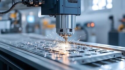 Poster - High Precision Industrial Grade Milling Machine Crafting Metal Components with Bright Sparks in a Contemporary Factory Setting Showcasing Advanced Engineering and Manufacturing Capabilities