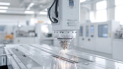 Poster - Close up view of a CNC computer numerical control machine at work emitting bright sparks as it shapes and cuts through metal materials in a high tech manufacturing facility