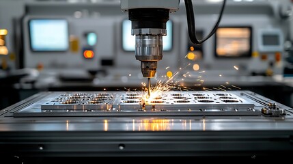 Poster - Precision metalworking with automated machinery sparks flying around the drill highlighting the power and skill of industrial production