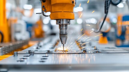 Poster - Precision metalworking process featuring automated industrial machinery in action with sparks flying around the drill bit highlighting the power and skill of modern industrial production