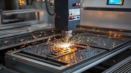 Poster - Automated metal cutting machine operating in a dark factory setting with bright sparks illuminating the high tech manufacturing process