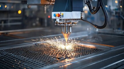Poster - Automated metal cutting machine in within a dark factory setting with bright sparks illuminating the high tech manufacturing process  This image represents the efficiency precision
