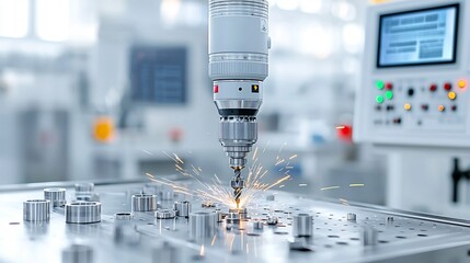 Poster - High precision robotic drill meticulously working on intricate metal parts with vivid sparks and advanced machinery operating in a sophisticated industrial environment