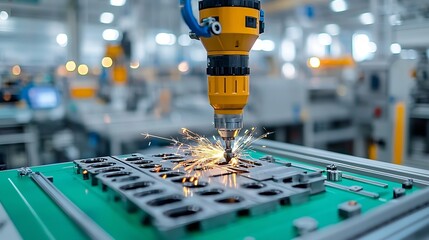 Poster - Robotic drill precisely cutting and shaping metal components in a sophisticated industrial production setting with bright sparks and advanced machinery in
